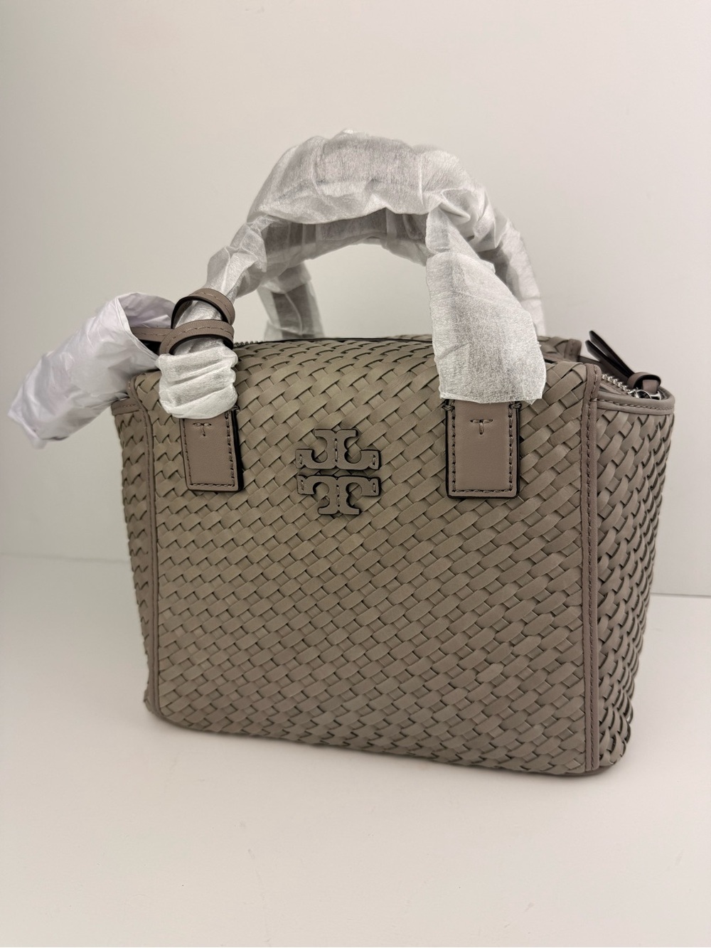 Tory Burch Thea Woven Mini Slouchy Satchel French Gray Leather Handbag $595 - Picture 5 of 14